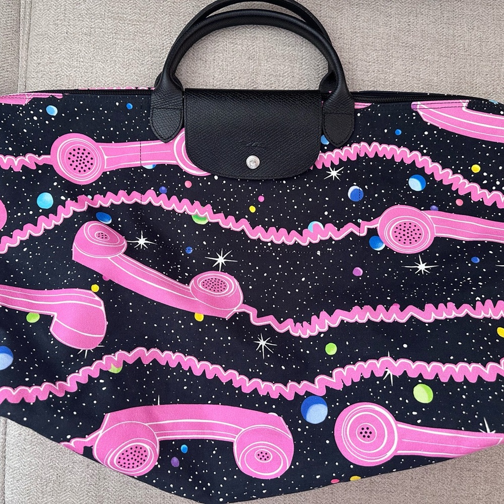 Longchamp x Jeremy Scott NYFW 2016
Black and Pink Telephone Print Tote Bag